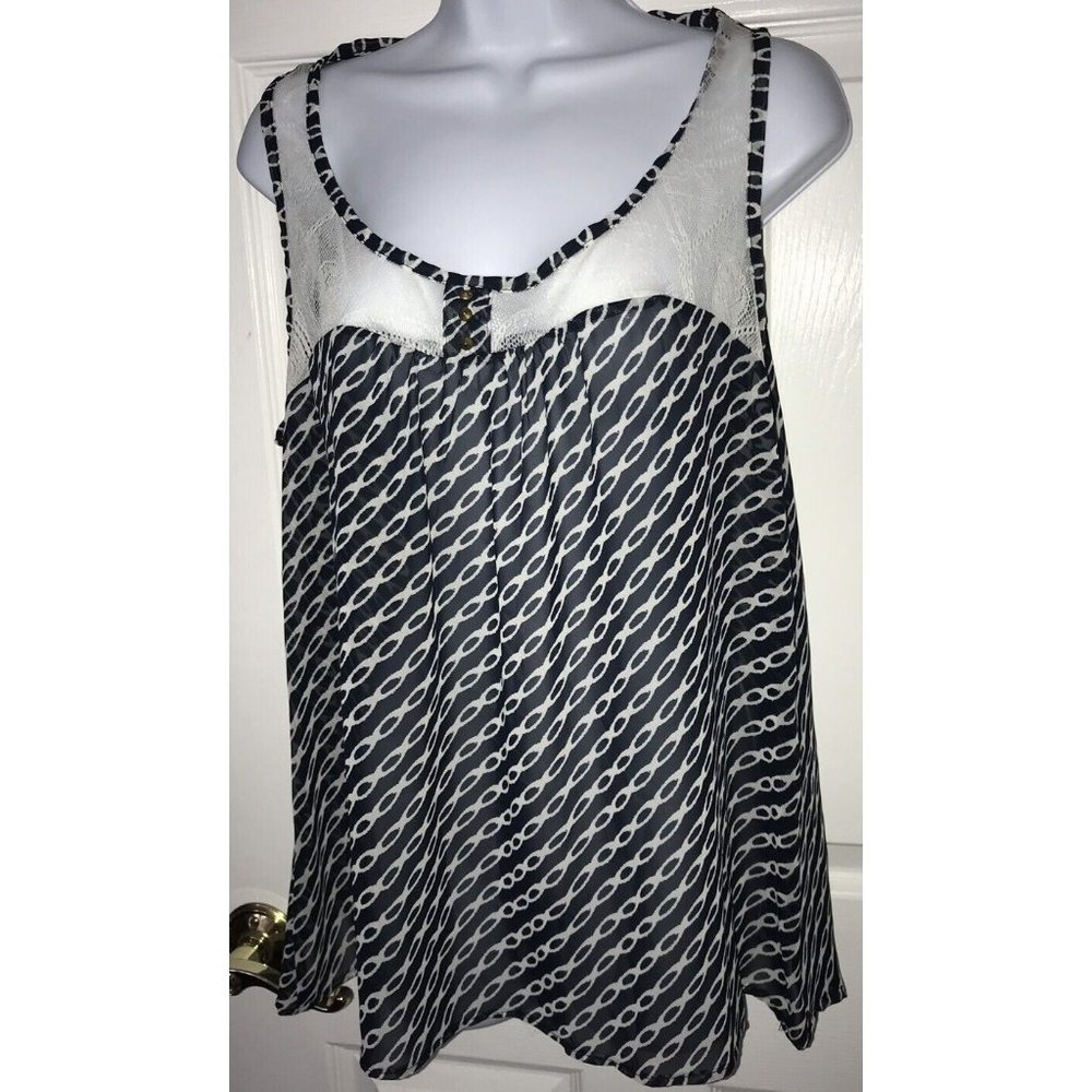 NWT SOY Shine On You Sz LARGE Diagonal Chain Sheer Tunic Top Lace Navy USA MADE